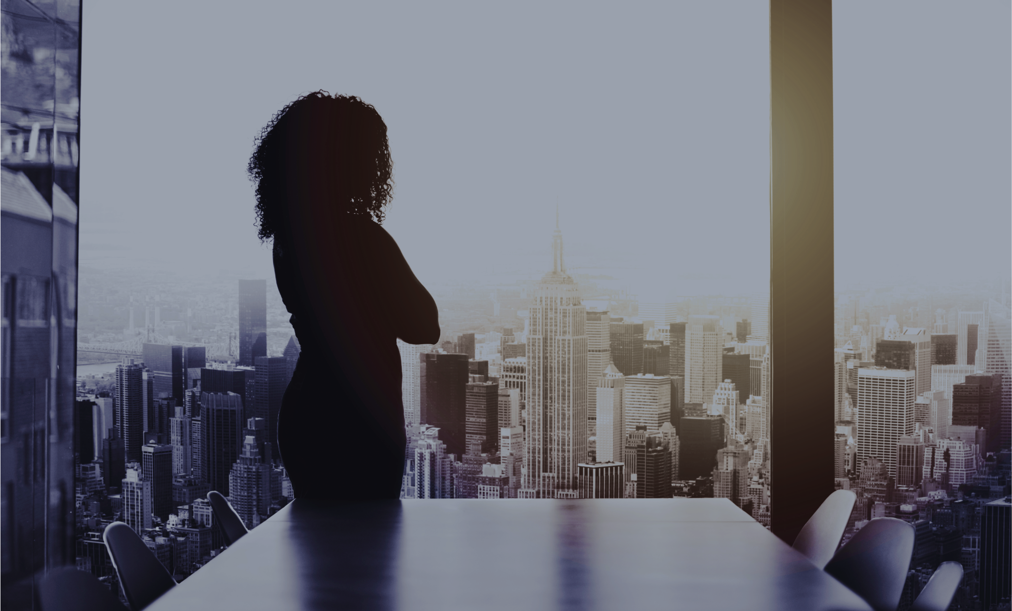 Silhouetted shot of a young businesswoman looking at a cityscape from an office window